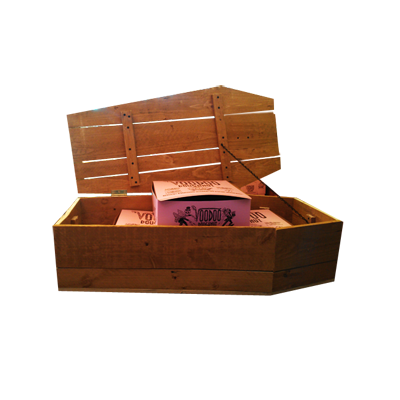 Wooden Coffin with Lid open with three pink Voodoo Doughnut boxes inside