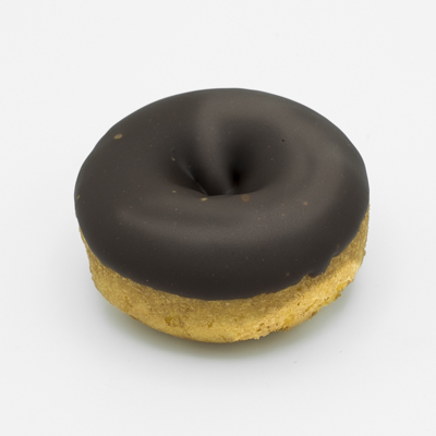 Small cake doughnut, dipped in chocolate frosting.