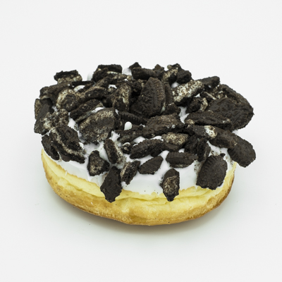 Yeast raised ring doughnut with vanilla icing and oreo cookie crumble topping.