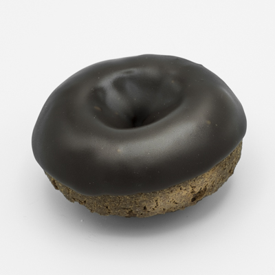 Chocolate cake doughnut topped with chocolate frosting.