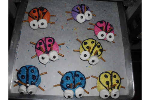 Colorful LadyBug Doughnuts with pretzel legs