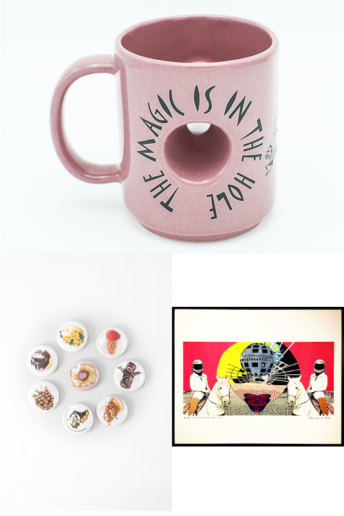 The Magic is in the Hole Package | Pink Hole Mug | Buttons Set | "Alice Down the Doughnut Hole" by Mona Superhero
