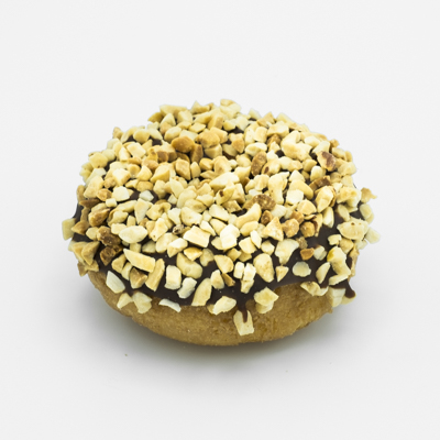 Plain cake doughnut, dipped in chocolate frosting and coated with chopped peanuts.