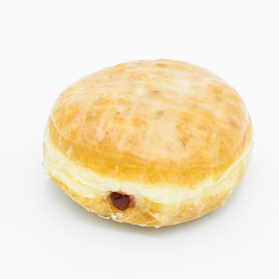 Round raised yeast shell with raspberry jelly peaking out; the top is lightly glazed