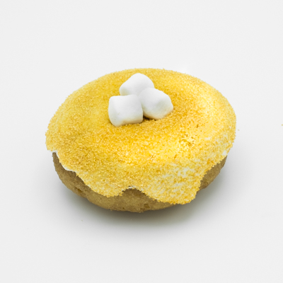 Plain cake doughnut, vanilla frosting, dusted with orange Tang crystals, and three mini-marshmallows