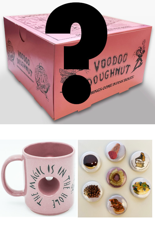 Voodoo Doughnut Pink Hole mug, buttons set, and a pink box with a question mark