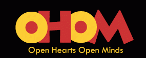 Red and Yellow on a black background Open Hearts Open Minds Logo