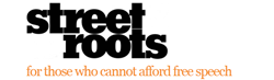 Black letters on a white background Street Roots Logo