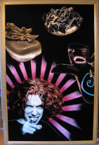 Painting by Juanita - Carrot Top's face, voodoo doll doughnut and bacon maple bar