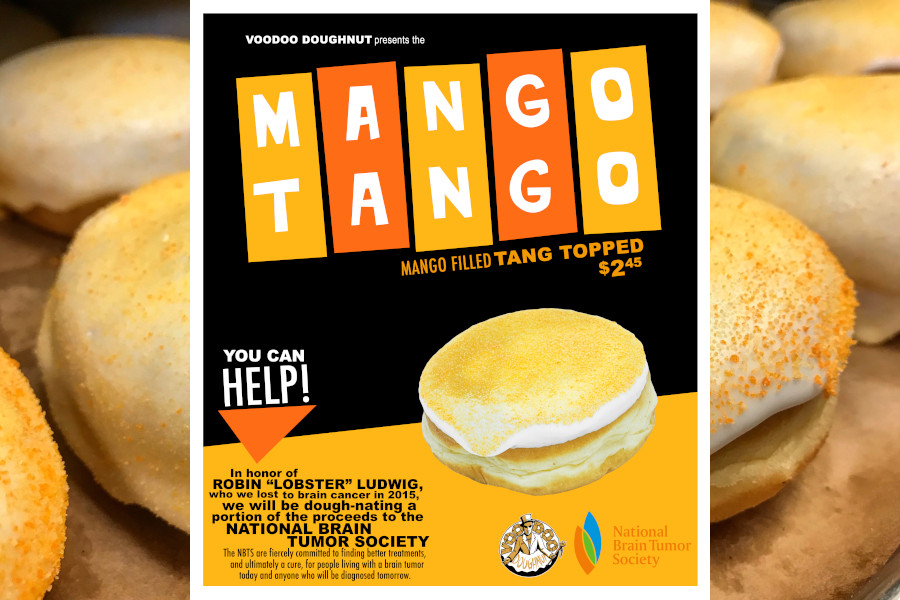 Mango Tango charity poster with a Mango Tango doughnut in the background