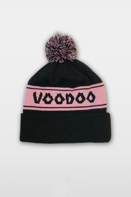 Front of Voodoo Doughnut black beanie showing a pink banded stripe with Voodoo in black letters.
