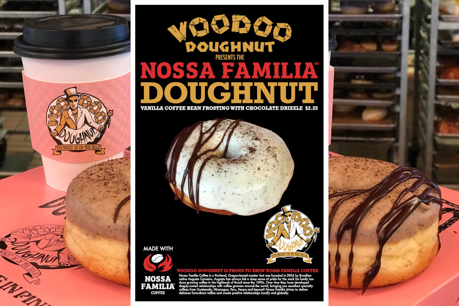Voodoo Nossa Familia Coffee Doughnut Poster over a coffee cup and a Coffee Doughnut