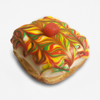 Doughnut iced with swirls of red yellow and green and a red gummy