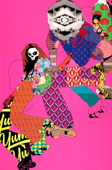Duct tape artwork hot pink background figures in roller skates