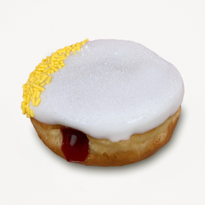 Filled doughnut with white ciing and cherry filling oozing out