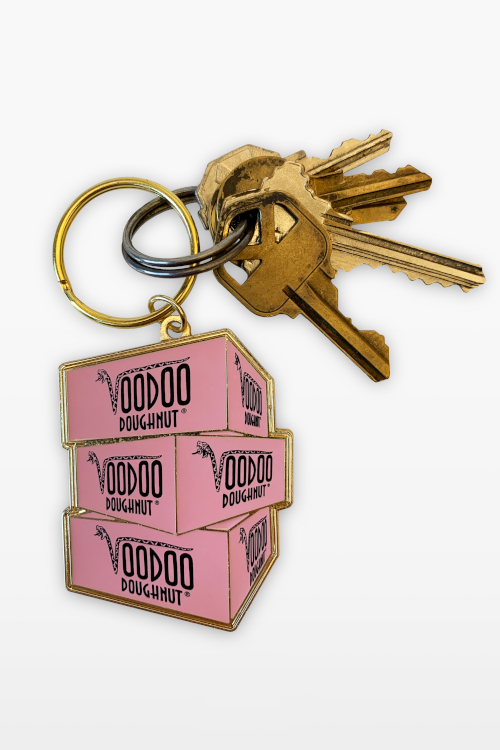 keychain of 3 Voodoo Doughnut pink boxes stacked