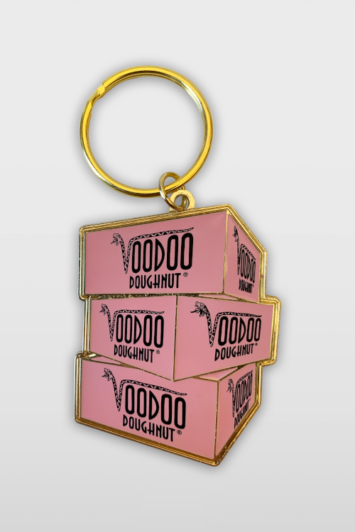 Keychain with 3 stacked pink doughnut boxes