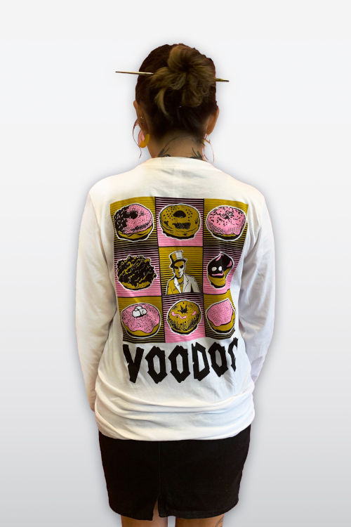 woman wearing t shirt with grid of doughnuts and the word voodoo