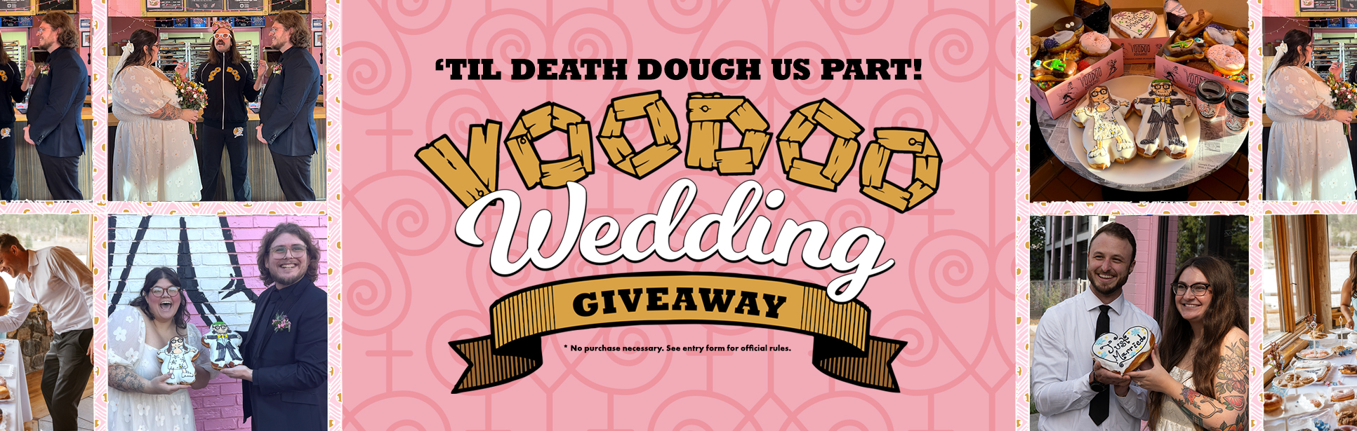 Wedding ceremony giveaway with images of couples getting married inside voodoo doughnut shops.