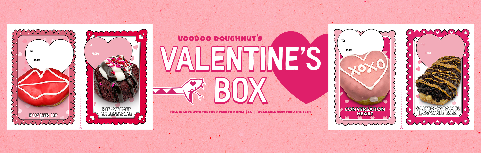 voodoo doughnut valentine's box with image of all four doughnuts: pucker up, red velvet cheesecake, conversation heart, and salted caramel brownie bar.