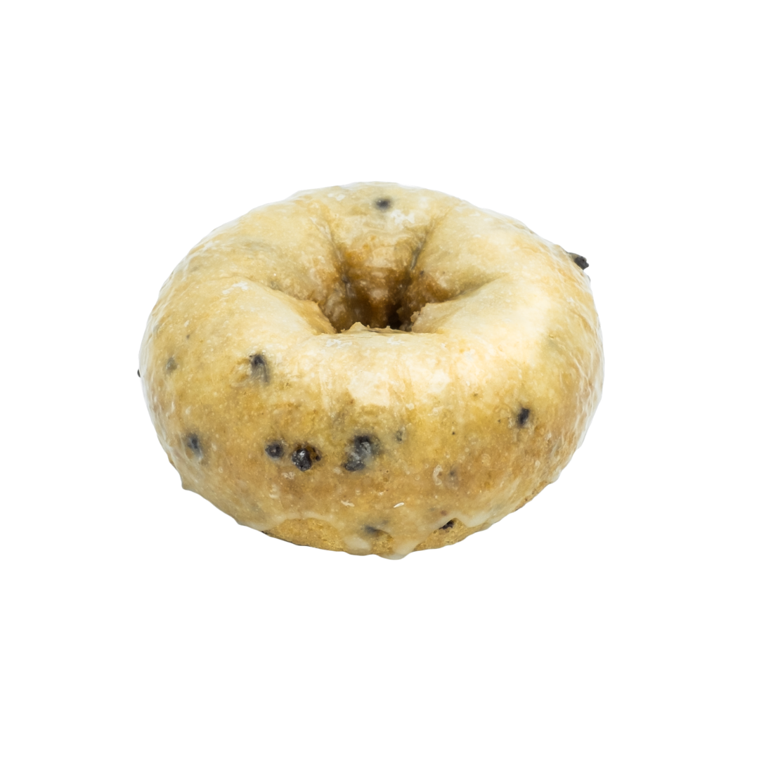 Blueberry cake doughnut coated in sweet glaze.