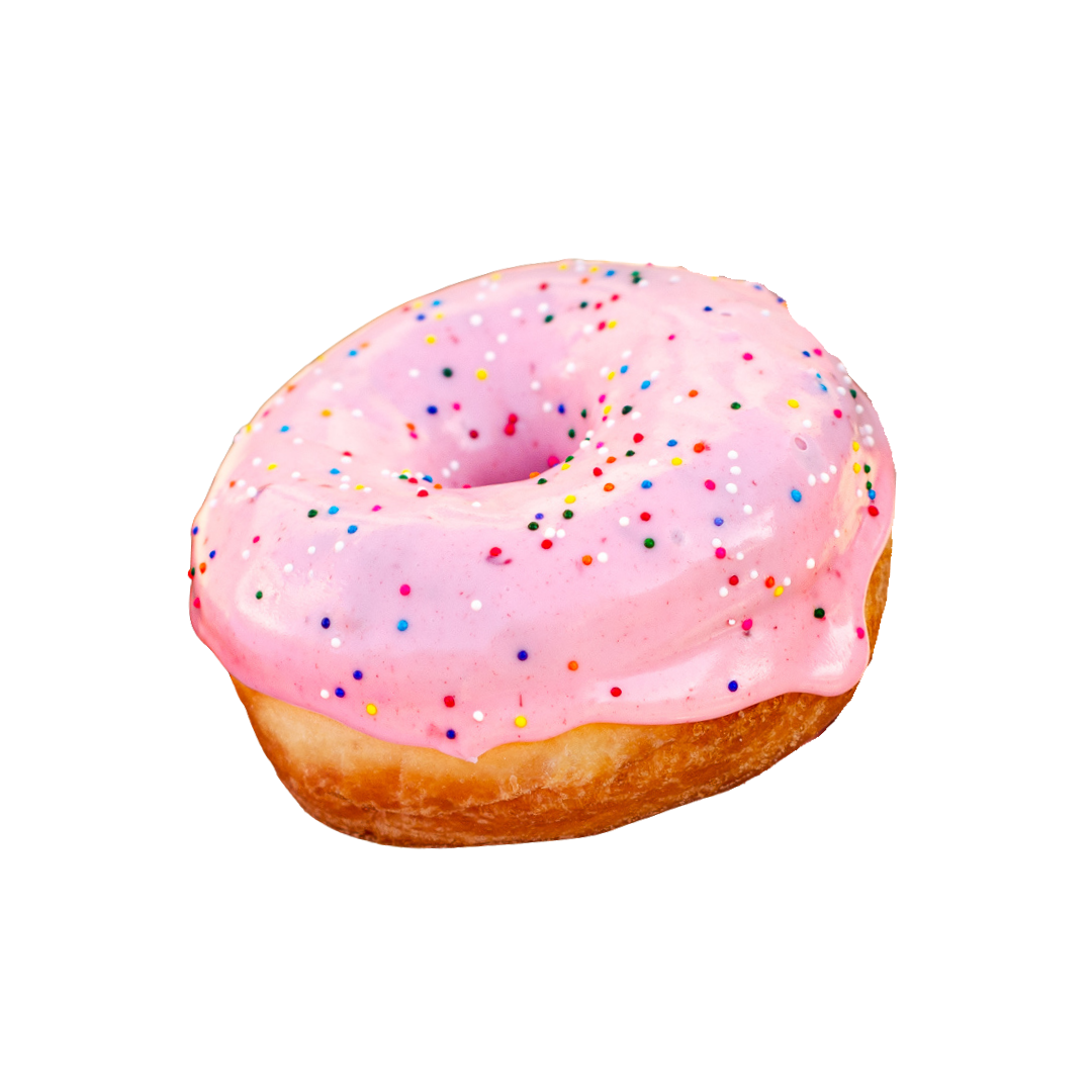 shows homer doughnut Dipped in sweet strawberry frosting and topped with round rainbow sprinkles.