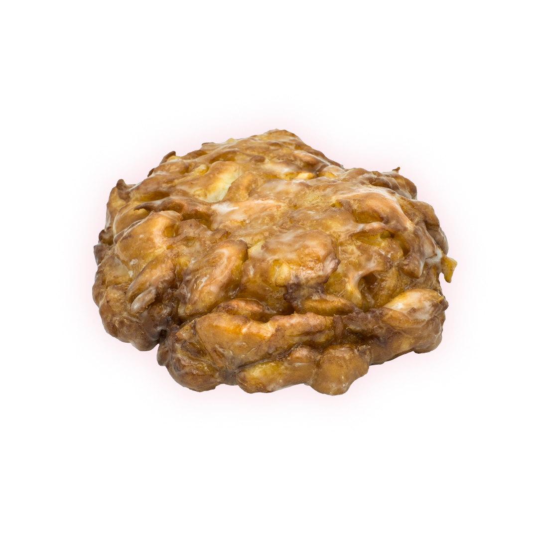 Fried dough with apple chunks and cinnamon and topped with glaze.