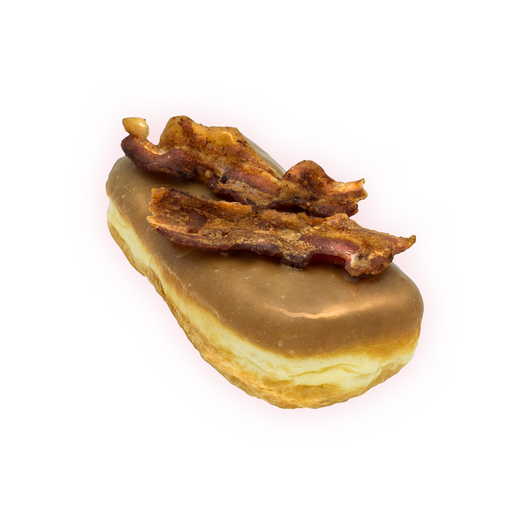 BACON MAPLE BAR Dipped in rich maple frosting and topped with savory strips of bacon.