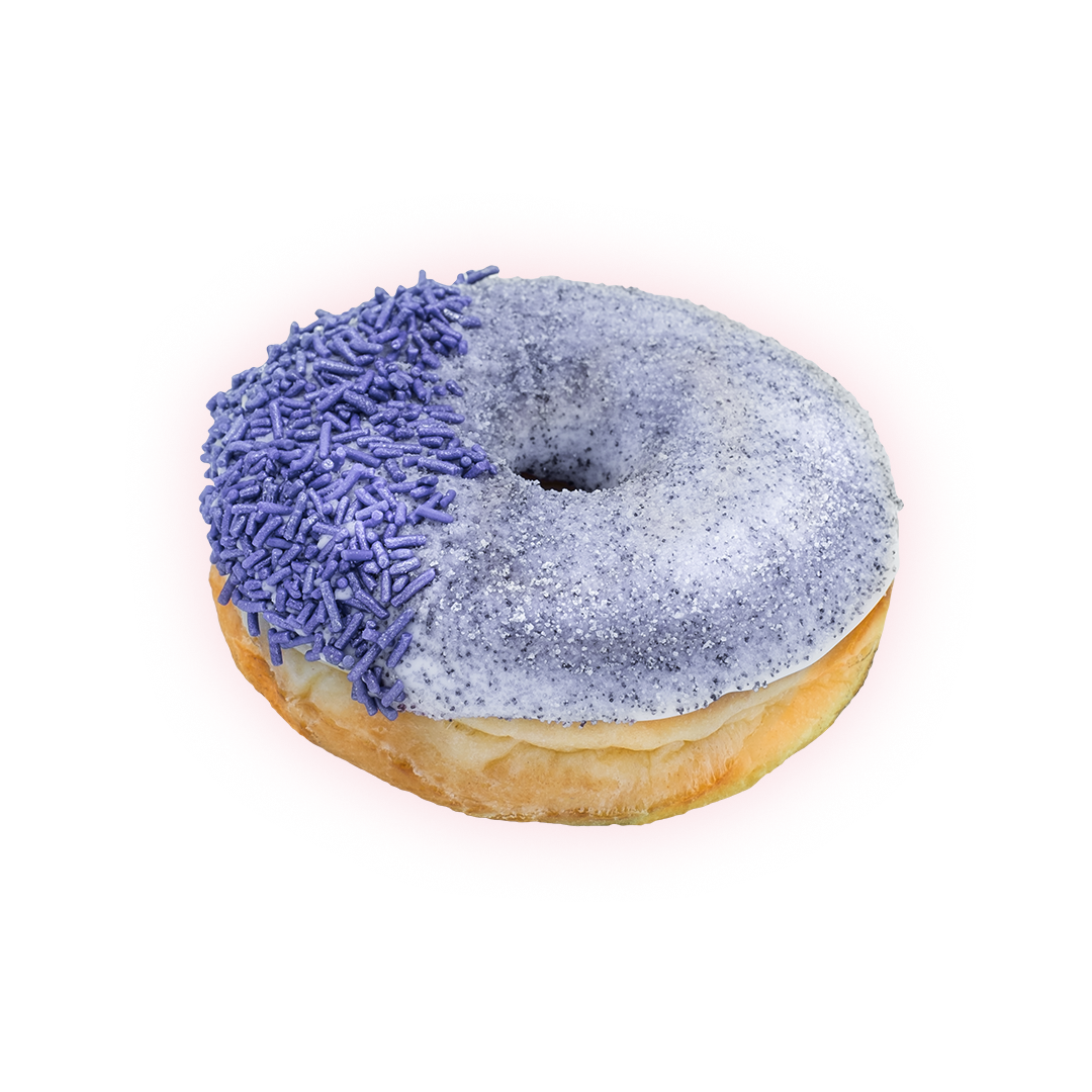 shows grape ape doughnut Raised ring with vanilla frosting, grape dust, and purple sprinkles.