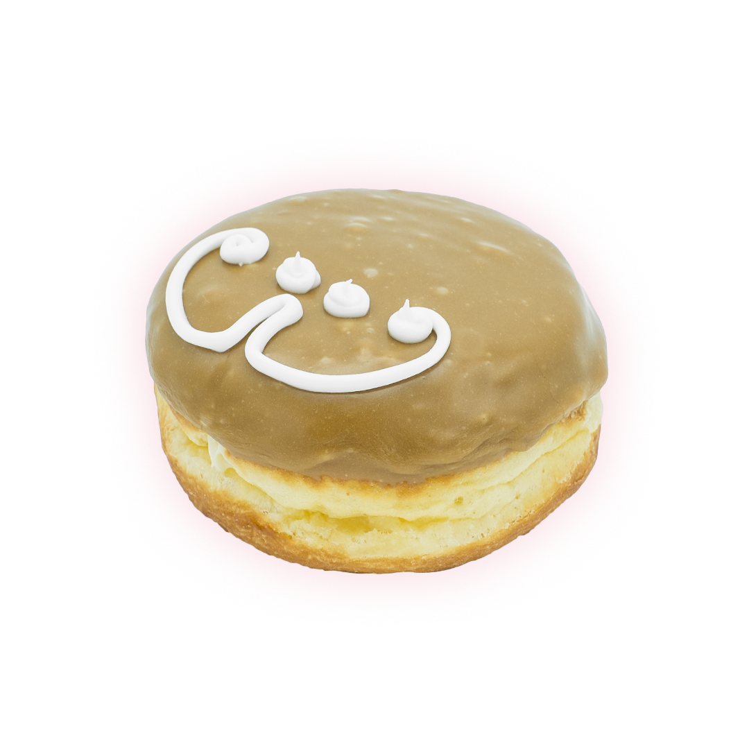 Raised shell filled with Bavarian cream and topped with maple frosting and decorated with a mustachioed face.