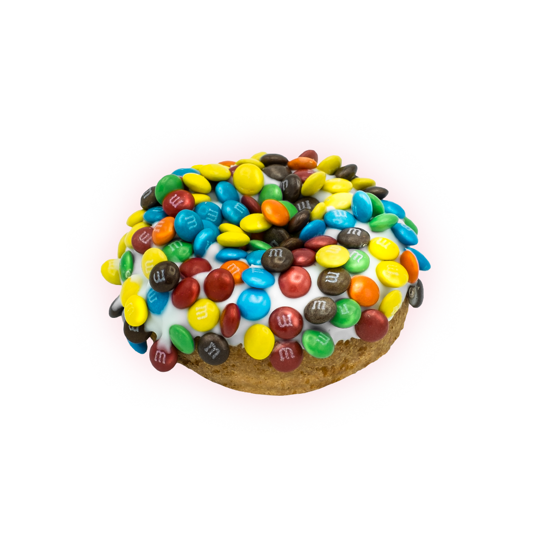 classic cake doughnut dipped in sweet Voonilla and stacked with colorful candy-coated chocolates.