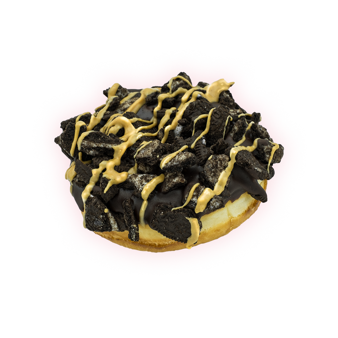 shows old dirty bastard doughnut A yeast raised doughnut with chocolate frosting, Oreo cookie crumbles, and peanut butter drizzle.