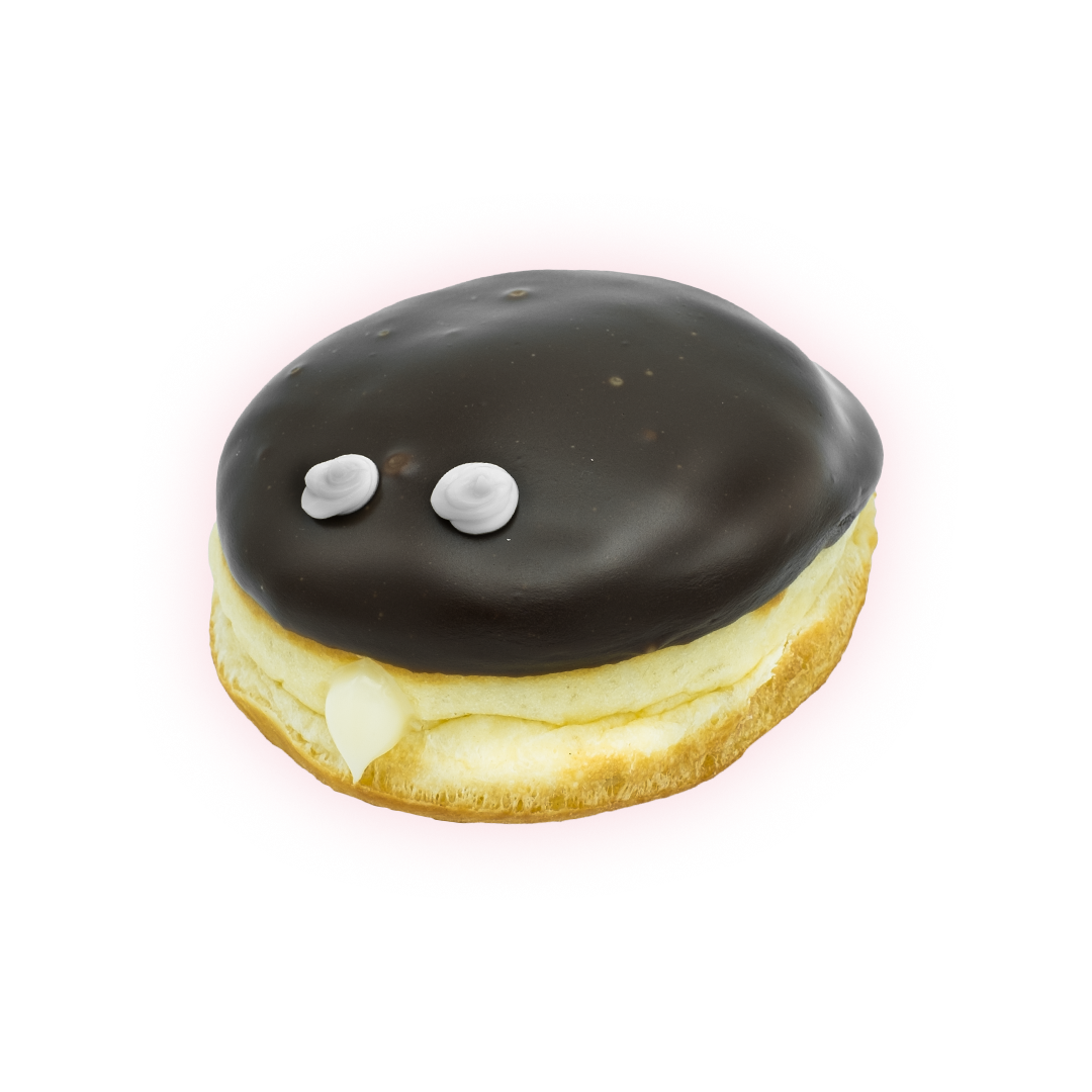 Chocolate Ring Raised shell filled with Bavarian cream and topped with chocolate and decorated with a set of eyes.