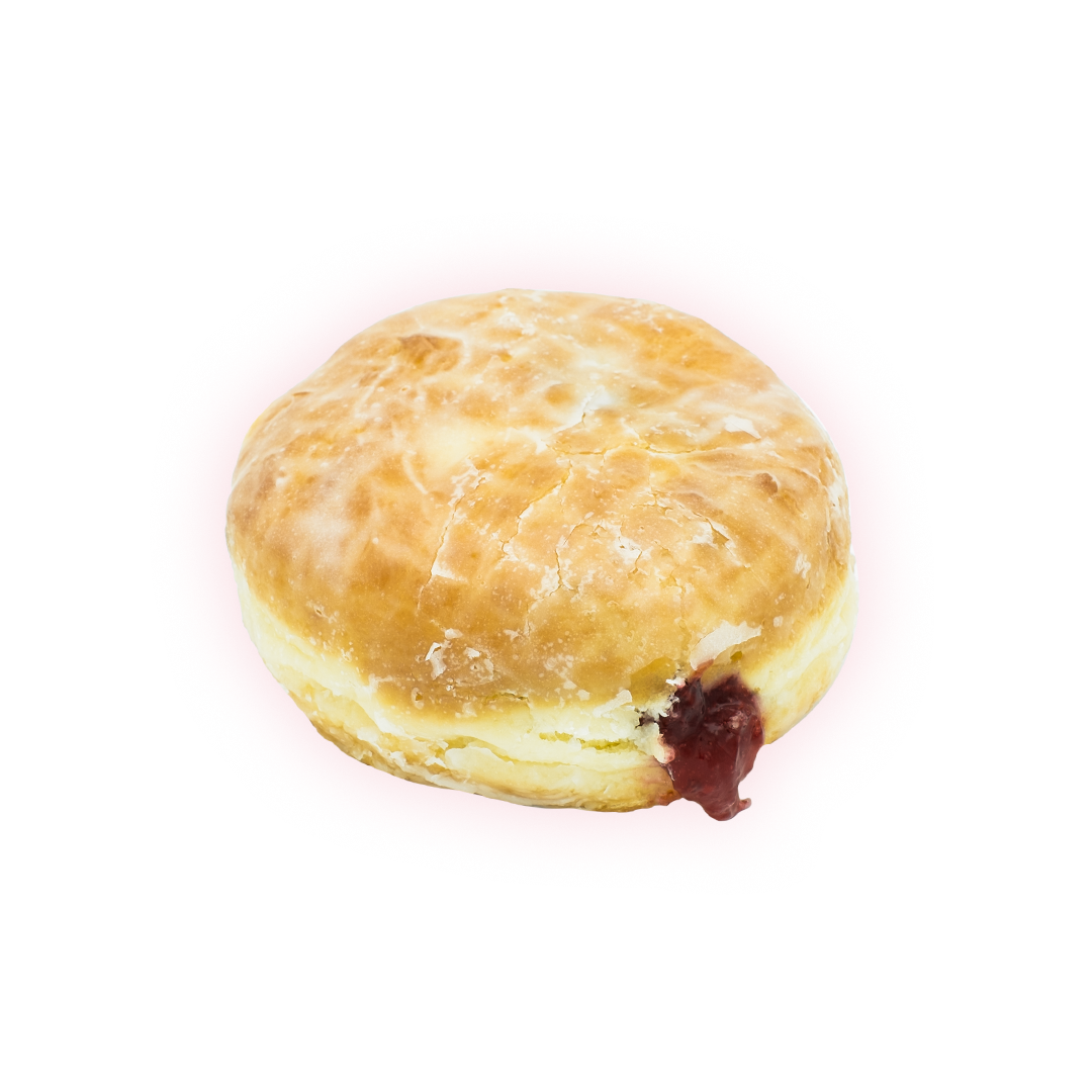 Raised shell filled with bright raspberry jelly and coated with sweet glaze.