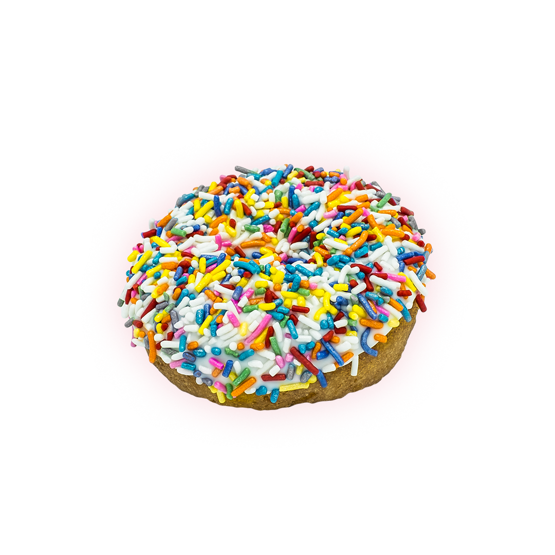 Plain cake doughnut dipped in Voonilla frosting and coated in colorful sprinkles.