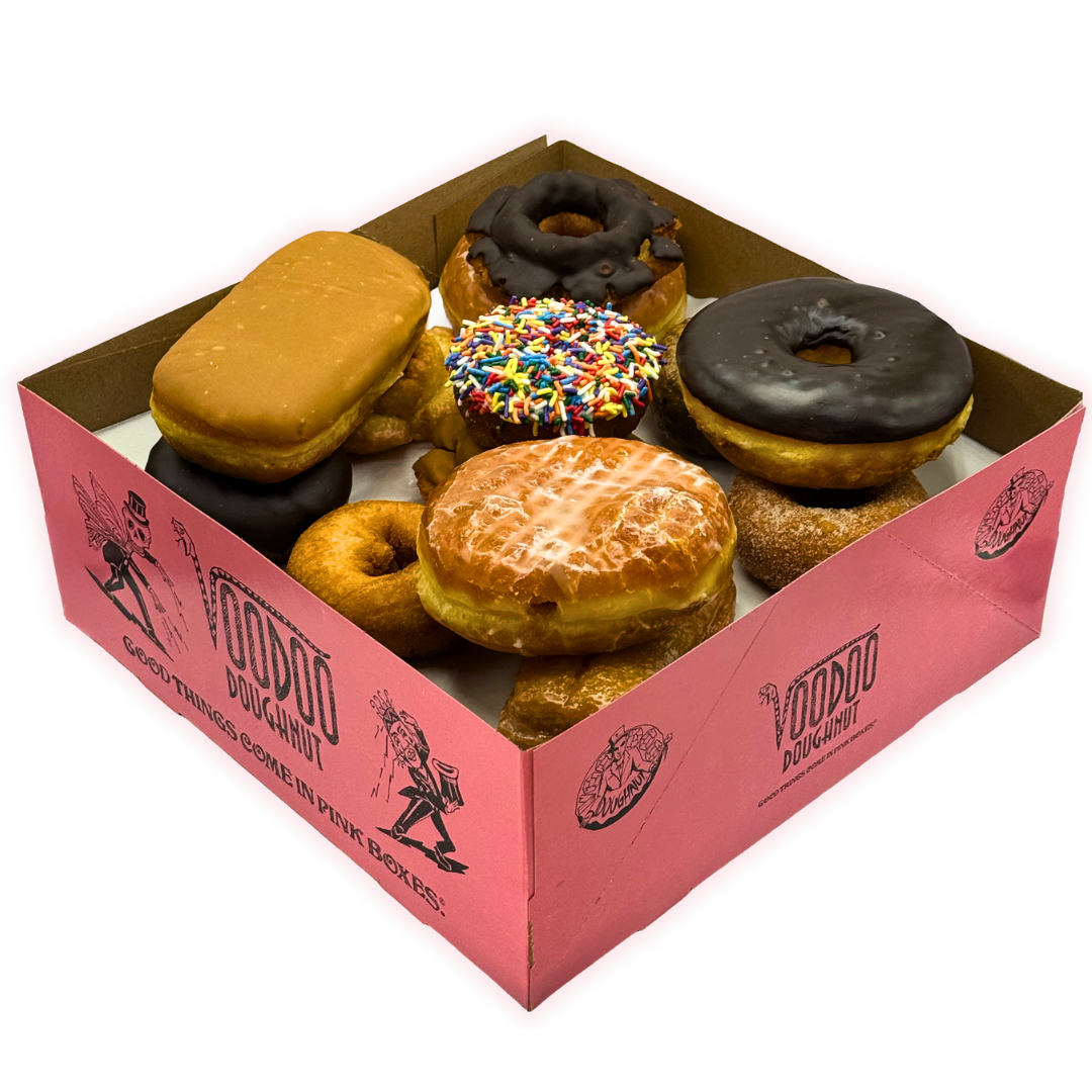 voodoo doughnut box filled with classic dozen assortment